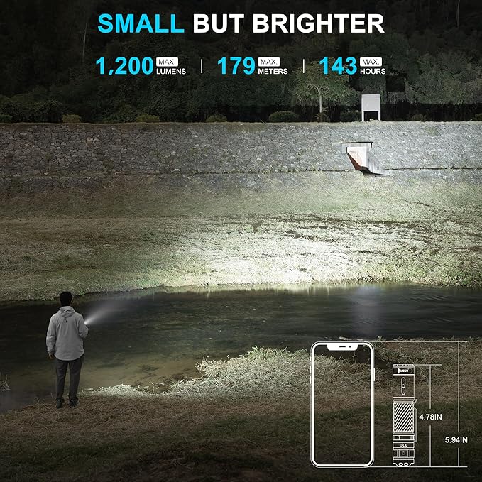 WUBEN مصباح ووبن C3 القابل لإعادة الشحن 1200 لومن - مصباح LED مع 6 أوضاع، شحن نوع-C، مقاوم للماء IP68، مصباح EDC للتخييم، في الهواء الطلق والاستخدام الطارئ، أسود - Image 3